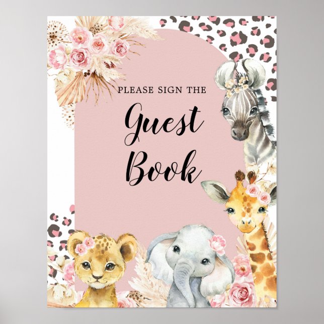 Pink Boho Safari Party Animals Girl Guest Book (Front)