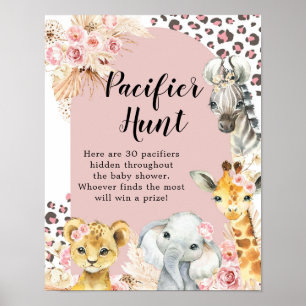 Pink Boho Safari Party Animals Girl Pacifier Hunt Poster