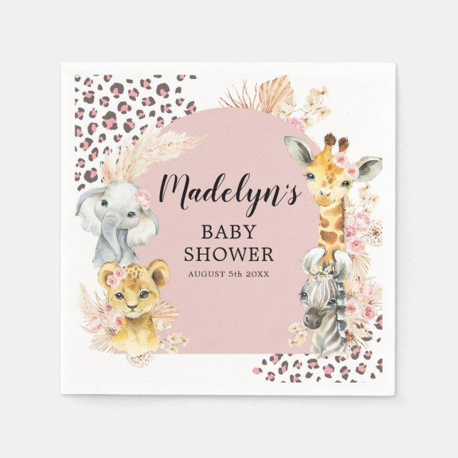 Pink Boho Safari Party Animals Girl Paper Napkin (Front)