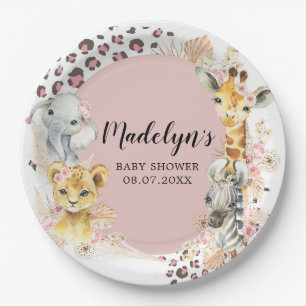 Pink Boho Safari Party Animals Girl Paper Plate