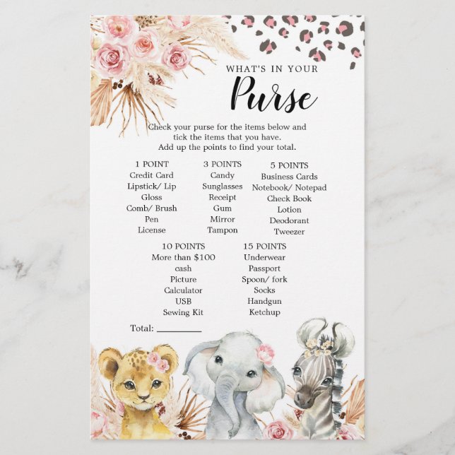 Pink Boho Safari Party Animals Girl Purse Game (Front)