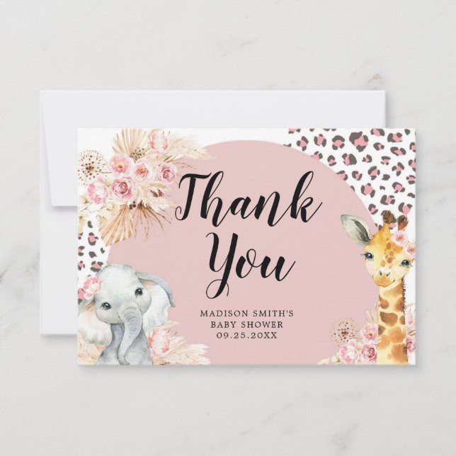 Pink Boho Safari Party Animals Girl Thank You Card (Front)