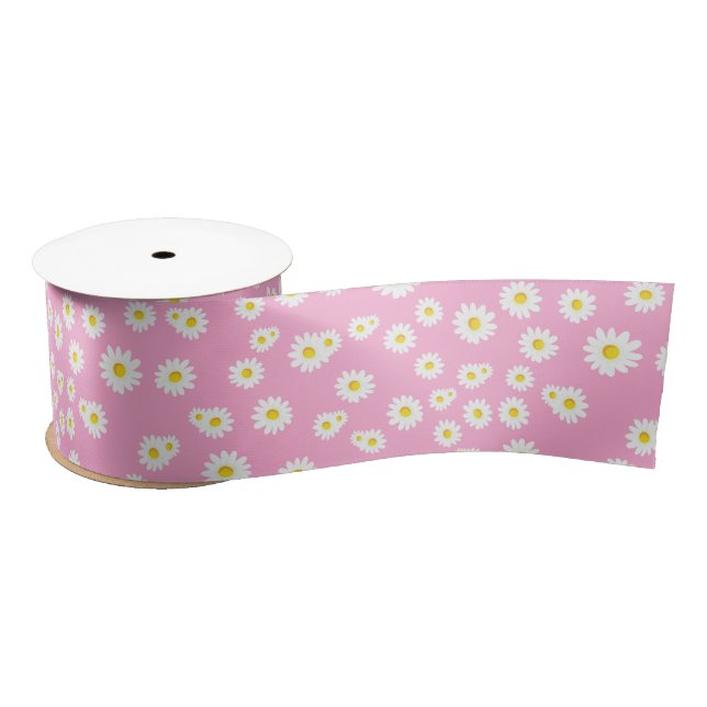 Pink Boho Spring Daisies Pattern Satin Ribbon (Spool)