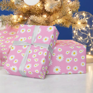 Pink Boho Spring Daisies Pattern Wrapping Paper