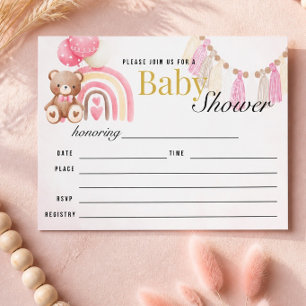 Pink BOHO Teddy Bear Rainbow Fill In Baby Shower Invitation