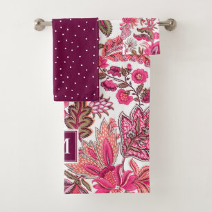 Pink Boho Vintage Floral Monogram Bath Towel Set
