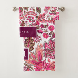 Pink Boho Vintage Floral Monogram Bath Towel Set