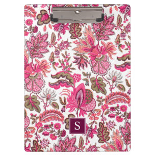 Pink Boho Vintage Floral Monogram Clipboard