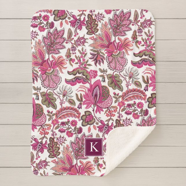 Pink Boho Vintage Floral Monogram Sherpa Blanket (Creator Uploaded)