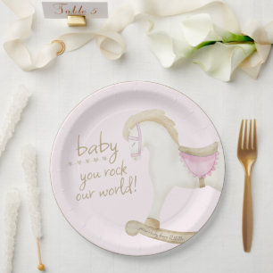 Pink Boho Vintage Rocking Horse Cowboy Baby Shower Paper Plate