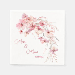 Pink Boho Watercolor Flowers Your Names Wedding Napkin