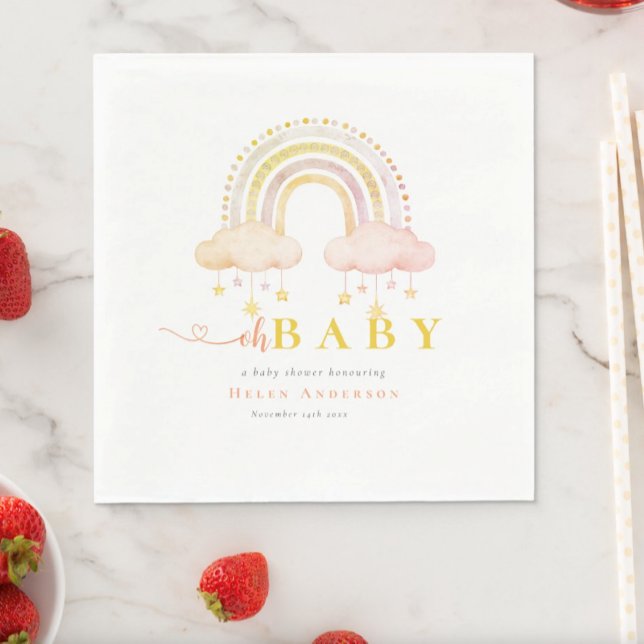 Pink Boho Watercolor Rainbow Girl Baby Shower Napkin (Creator Uploaded)