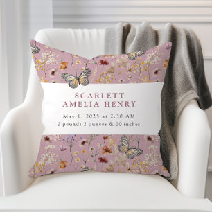 Pink Boho Wildflower Baby Stats Cushion