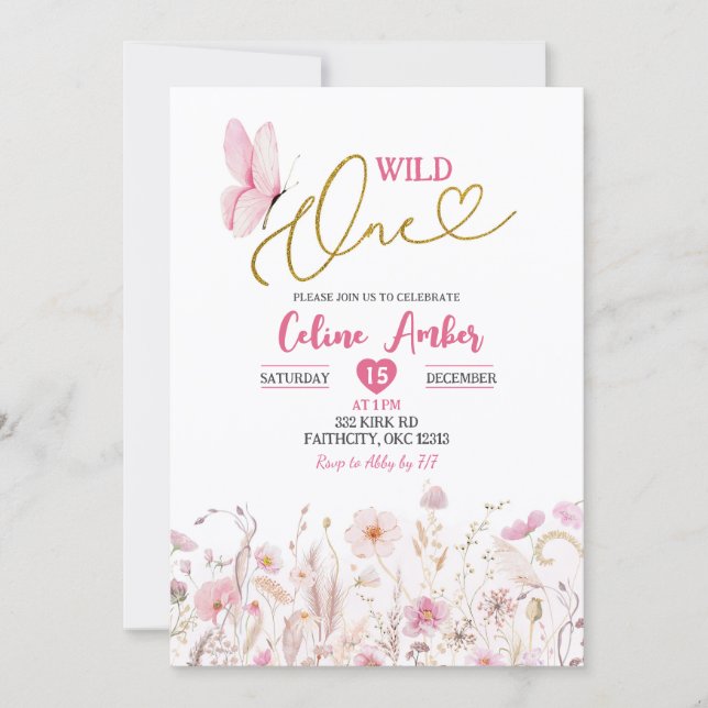 Pink Boho Wildflower Butterfly First Birthday Invitation (Front)