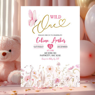 Pink Boho Wildflower Butterfly First Birthday Invitation