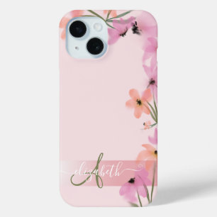 Pink Boho Wildflower Meadow Monogram     iPhone 15 Case