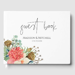 Pink Boho Wildflower Watercolor Bouquet Wedding Guest Book
