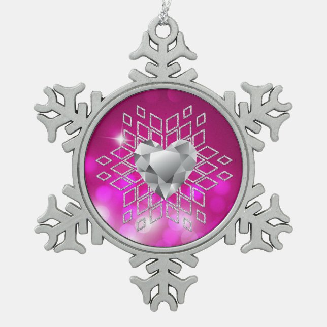 Pink Bokeh Diamond Snowflake & Heart Pewter Christmas Ornament (Front)