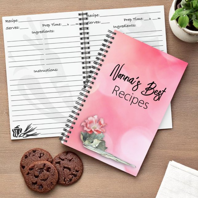 Pink Bokeh Floral Notebook with Personalised Cover (cover and inside recipe notebook)