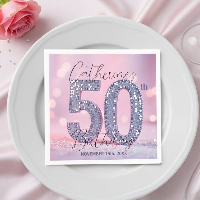 Pink Bokeh Glam Silver Glitter 50th Birthday Napkin (Creator Uploaded)