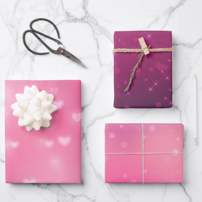 Pink Bokeh Hearts Birthday Wrapping Paper Sheet (Front)