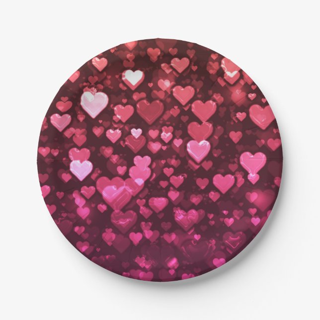 Pink Bokeh Hearts Digital Background Wallpaper Paper Plate (Front)