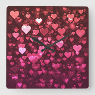 Pink Bokeh Hearts Digital Background Wallpaper Square Wall Clock