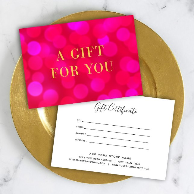 Pink Bokeh Lights Faux Gold Gift Certificate (Creator Uploaded)