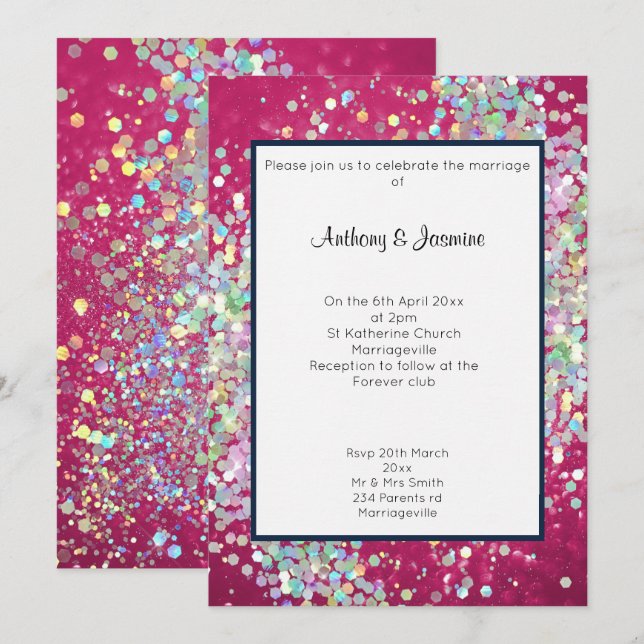 PINK BOKEH NAVY TRIM HOLOGRAPHIC PASTEL WEDDING   INVITATION (Front/Back)