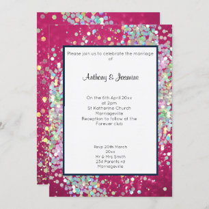 PINK BOKEH NAVY TRIM HOLOGRAPHIC PASTEL WEDDING INVITATION