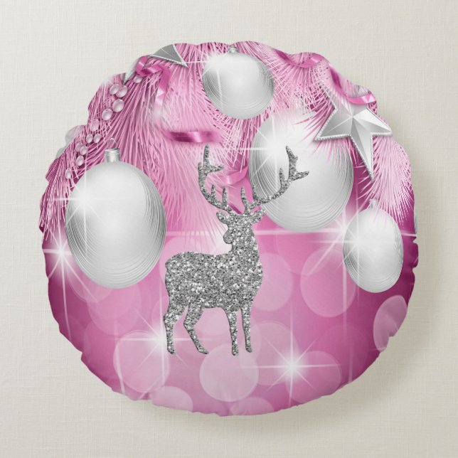 Pink Bokeh Ornament Balls Silver Reindeer Round Cushion (Front)