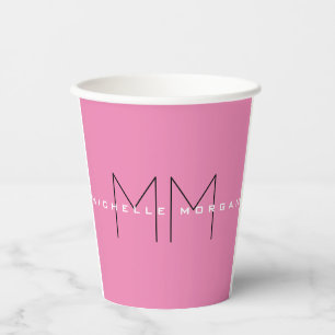 Pink Bold Monogram Modern Minimalist Name Initials Paper Cups