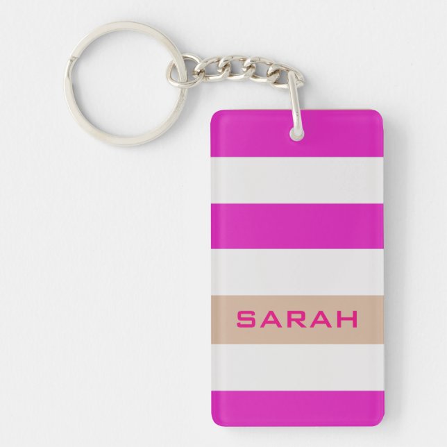 Pink Bold Stripes with Custom Name Key Ring (Front)