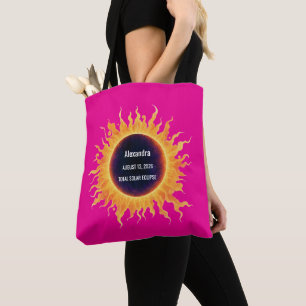 Pink Bold Watercolor Total Solar Eclipse 2026 Name Tote Bag