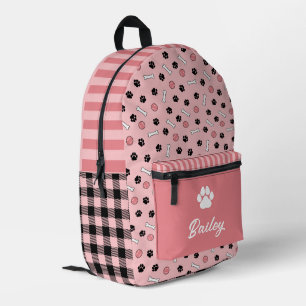 Pink Bones & Balls Paw Print Dog Name Printed Backpack