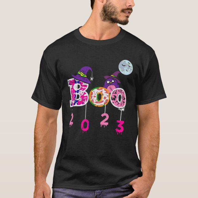 Pink Boo 2023 Spider WItch Hat Cute Scary Hallowee T-Shirt (Front)