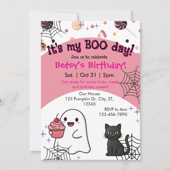 Pink Boo Day Birthday Invitation (Front)