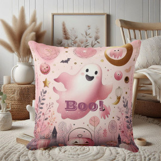 Pink Boo Friendly Ghost Halloween Jack o lantern Cushion