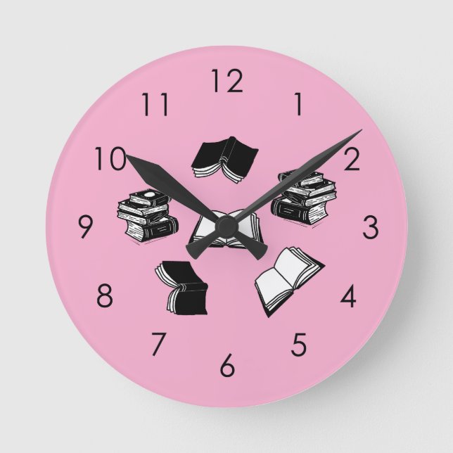 Pink Bookish Bibliophile Librarian Book Pattern Round Clock (Front)
