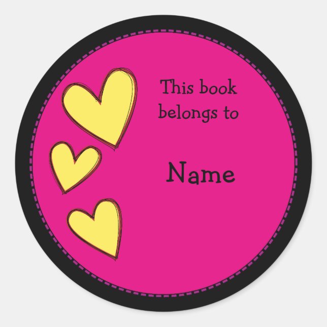 Pink bookplate with hearts classic round sticker (Front)