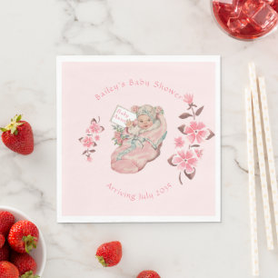 Pink Bootie Vintage Baby Girl Baby Shower Napkin