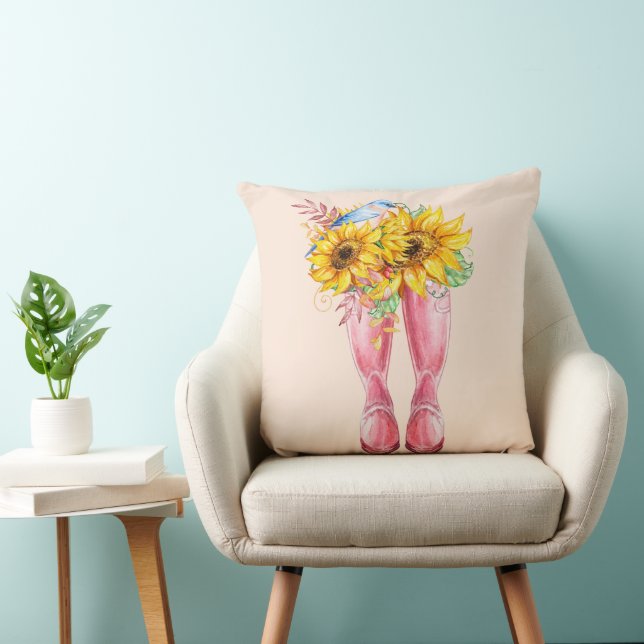 Pink Boots, Blue Bird and Sunflowers Cushion (Chair)