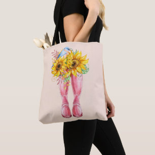 Pink Boots, Blue Bird and Sunflowers Tote Bag