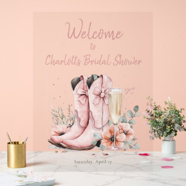 Pink Boots & Bubbly Champagne Glass Bridal Shower  Acrylic Sign (Wedding)