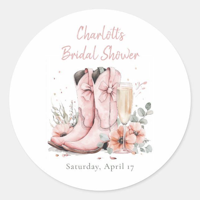 Pink Boots & Bubbly Champagne Glass Bridal Shower  Classic Round Sticker (Front)