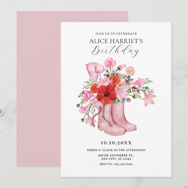 Pink boots flower bouquet  invitation (Front/Back)