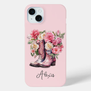 Pink Boots with Flowers Monogrammed iPhone 15 Mini Case