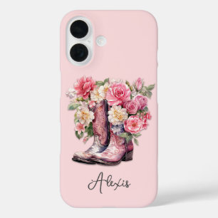 Pink Boots with Flowers Monogrammed iPhone 16 Case