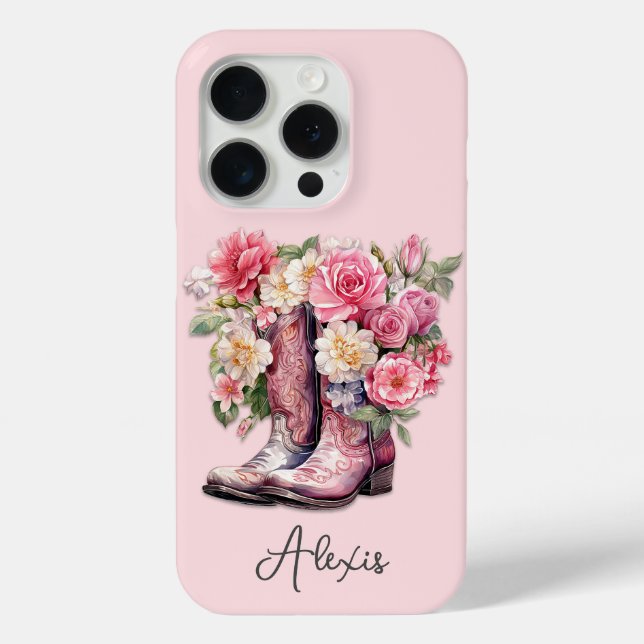 Pink Boots with Flowers Monogrammed Case-Mate iPhone Case (Back)