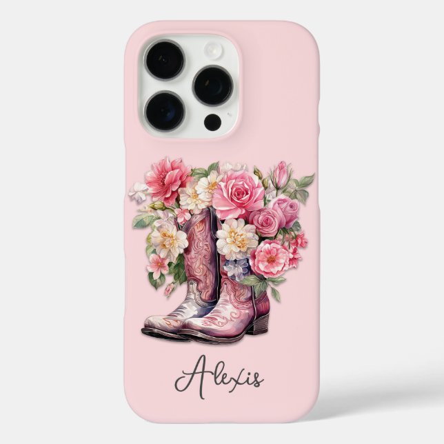 Pink Boots with Flowers Monogrammed Case-Mate iPhone Case (Back)